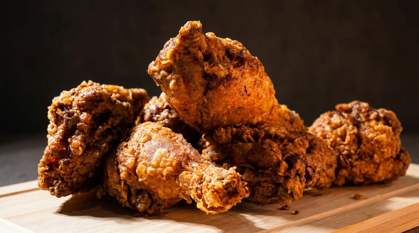Crispy, golden-brown fried chicken pieces piled on a light wooden cutting board against a dark background.