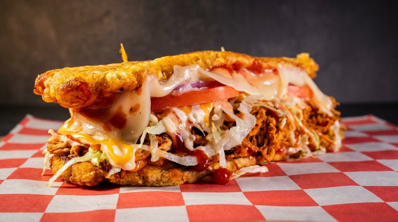 Close-up of a large, loaded sandwich with melted cheese, shredded meat, and vegetables on checkered paper.