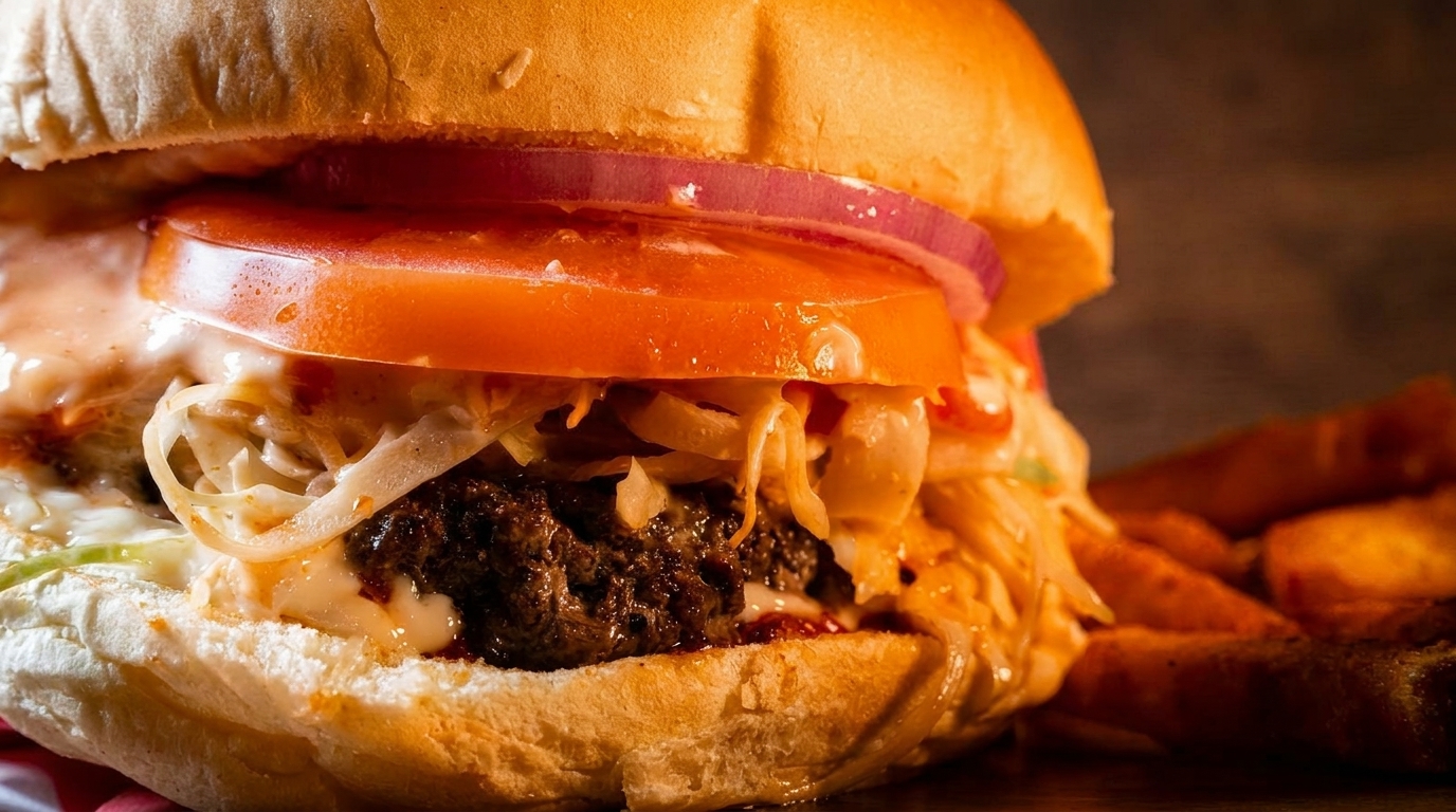 Close-up of a juicy burger with tomato, onion, and sauce, served with golden fries.