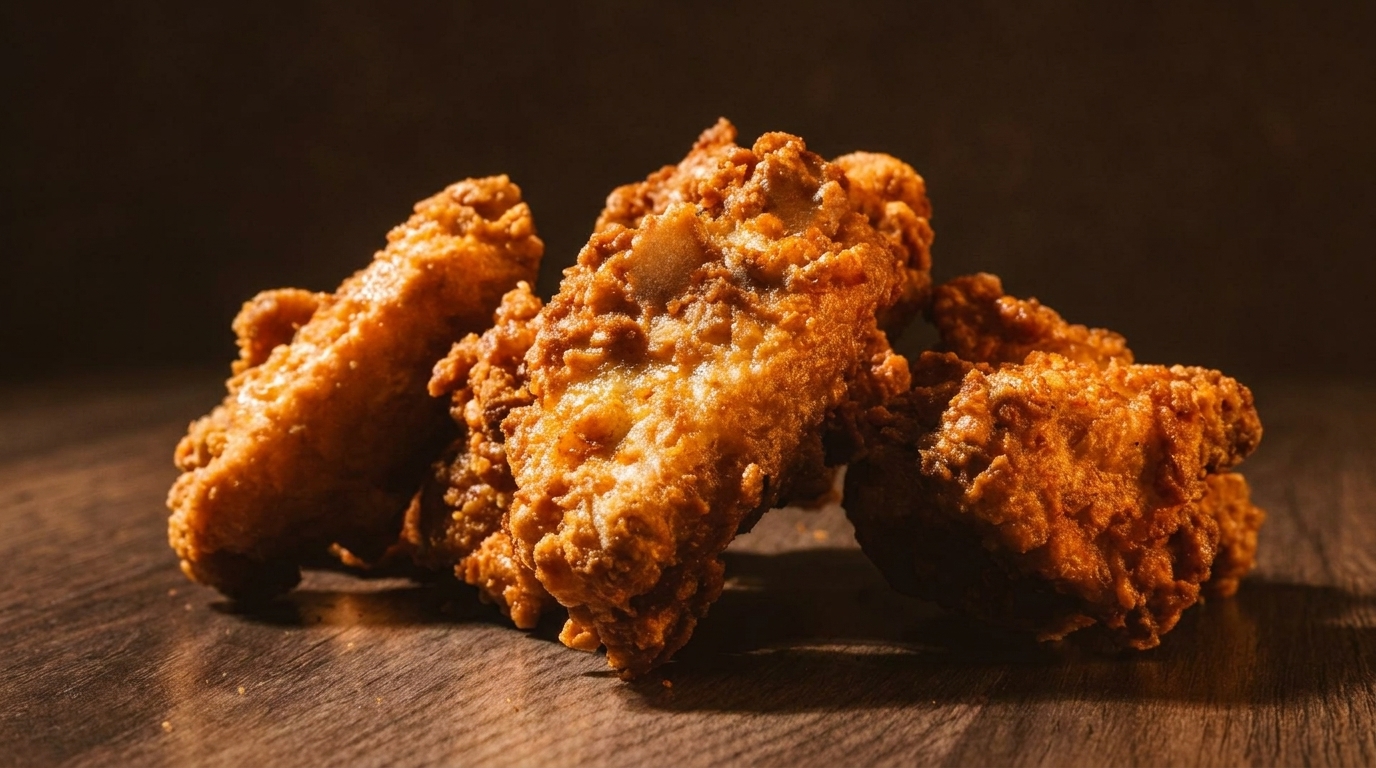 Crispy, golden-brown fried chicken tenders piled on a rustic wooden surface.
