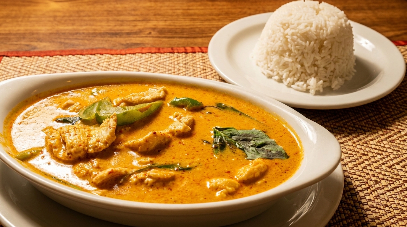 A bowl of chicken curry with basil and peppers, served with a side of white rice.