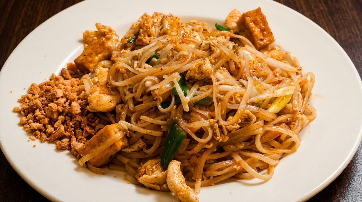 A white plate filled with Pad Thai noodles, chicken, tofu, and crushed peanuts.