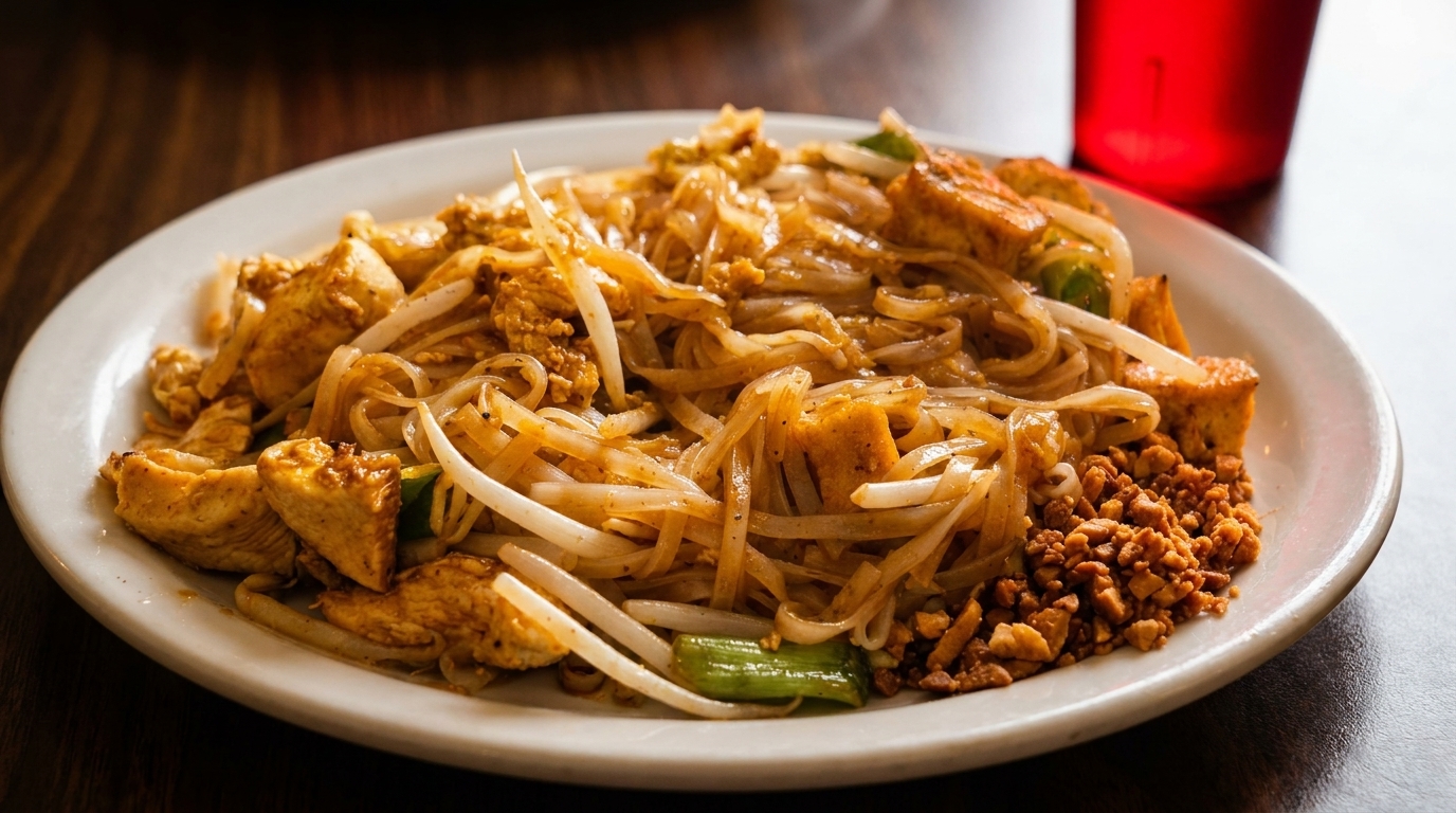 A close-up of a plate of chicken pad thai with noodles, bean sprouts, and crushed peanuts.