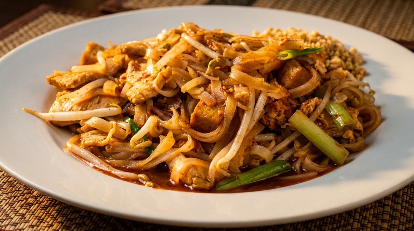 Close-up of a white plate filled with Pad Thai noodles, chicken, bean sprouts, and green onions.