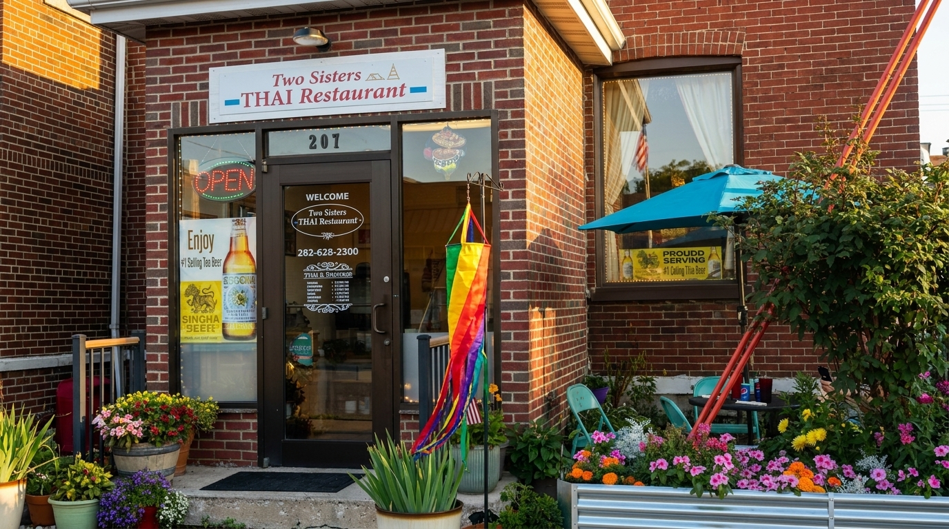 Exterior of Two Sisters Thai Restaurant with an "Open" sign, colorful flowers, and outdoor seating.