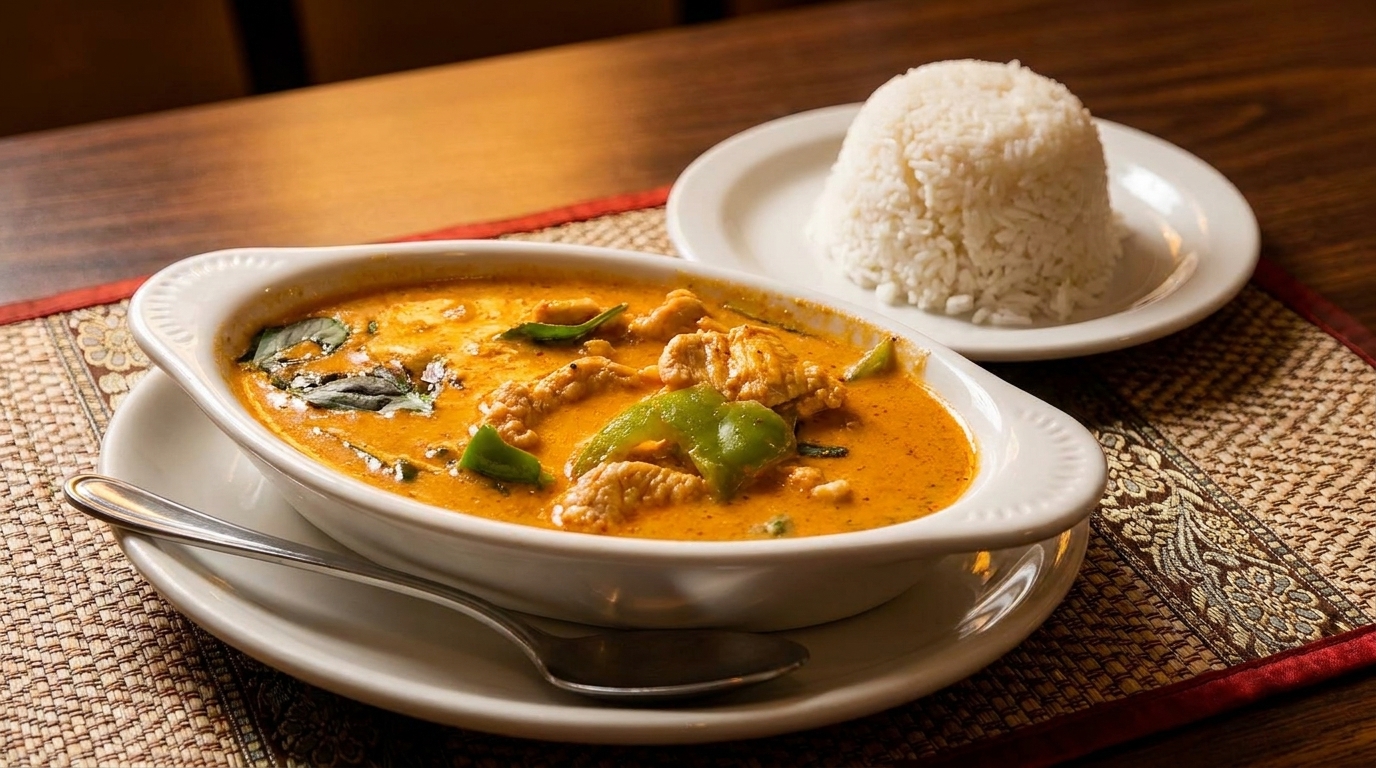 Red curry with chicken, green peppers, and basil, served with a side of white rice.