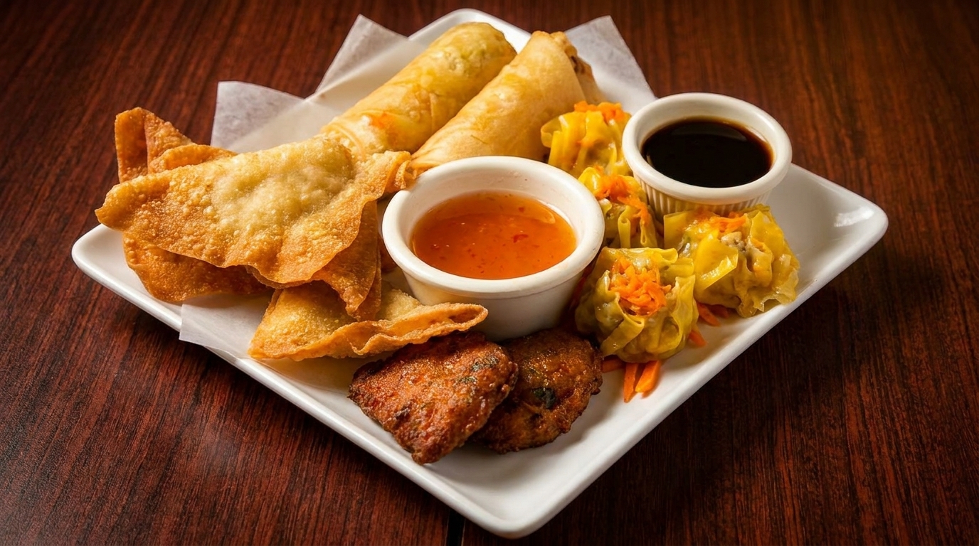 A white rectangular plate holds a variety of appetizers, including spring rolls, wontons, dumplings, and dipping sauces.