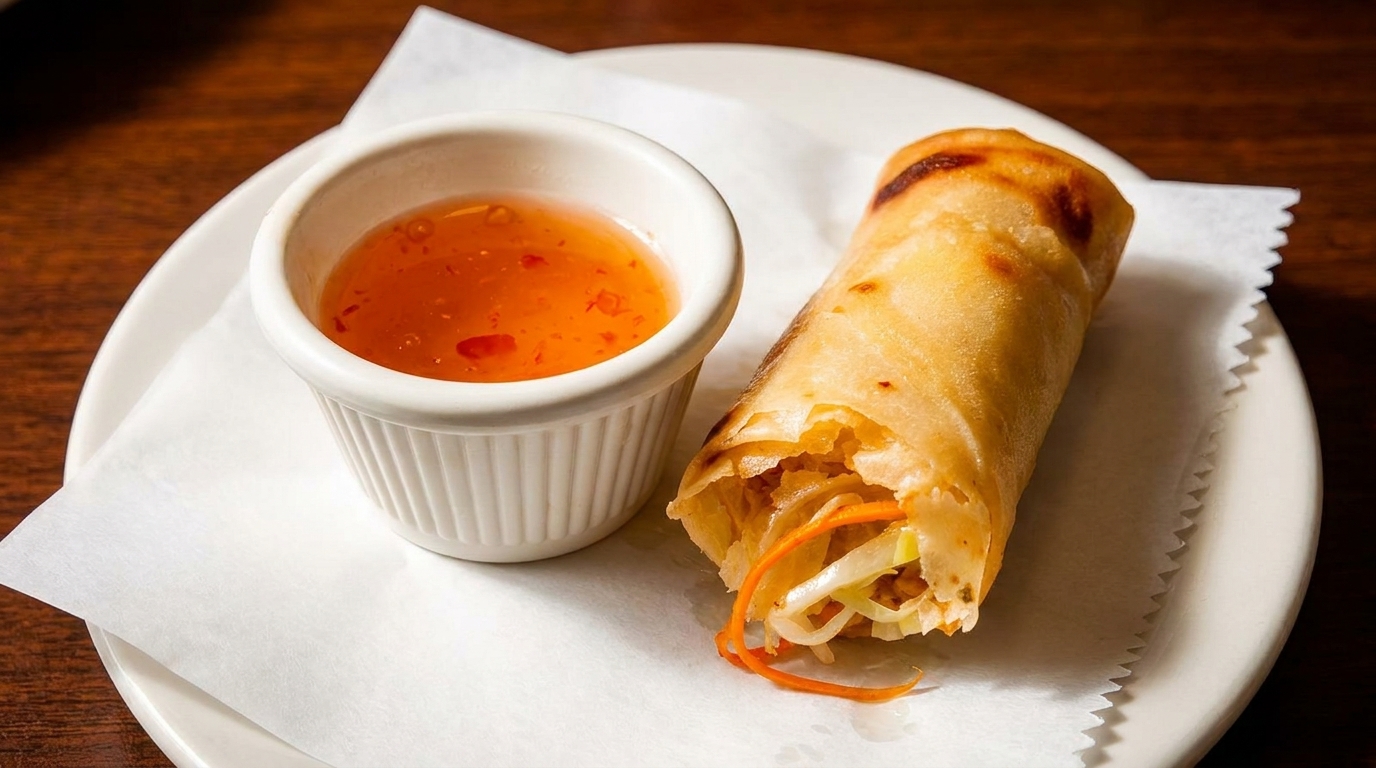 Golden-brown egg roll with visible vegetable filling, served with a side of sweet chili dipping sauce.