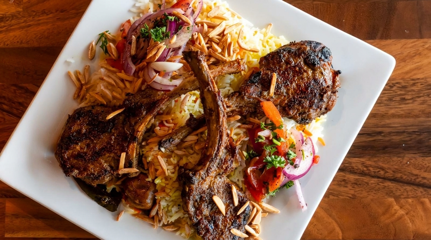 Grilled lamb chops with rice, toasted almonds, and a fresh tomato and onion salad.
