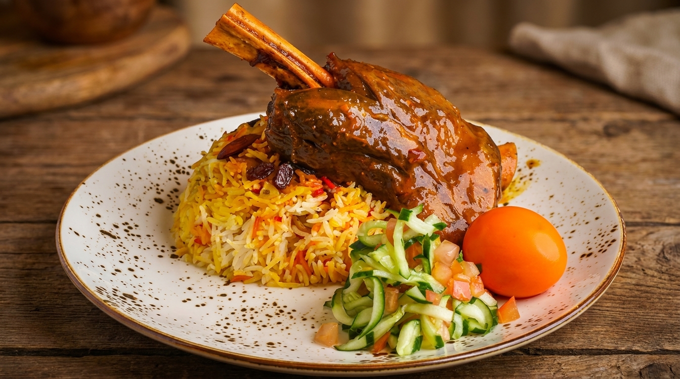 Braised lamb shank with bone, yellow rice, cucumber salad, and a whole tomato on a plate.