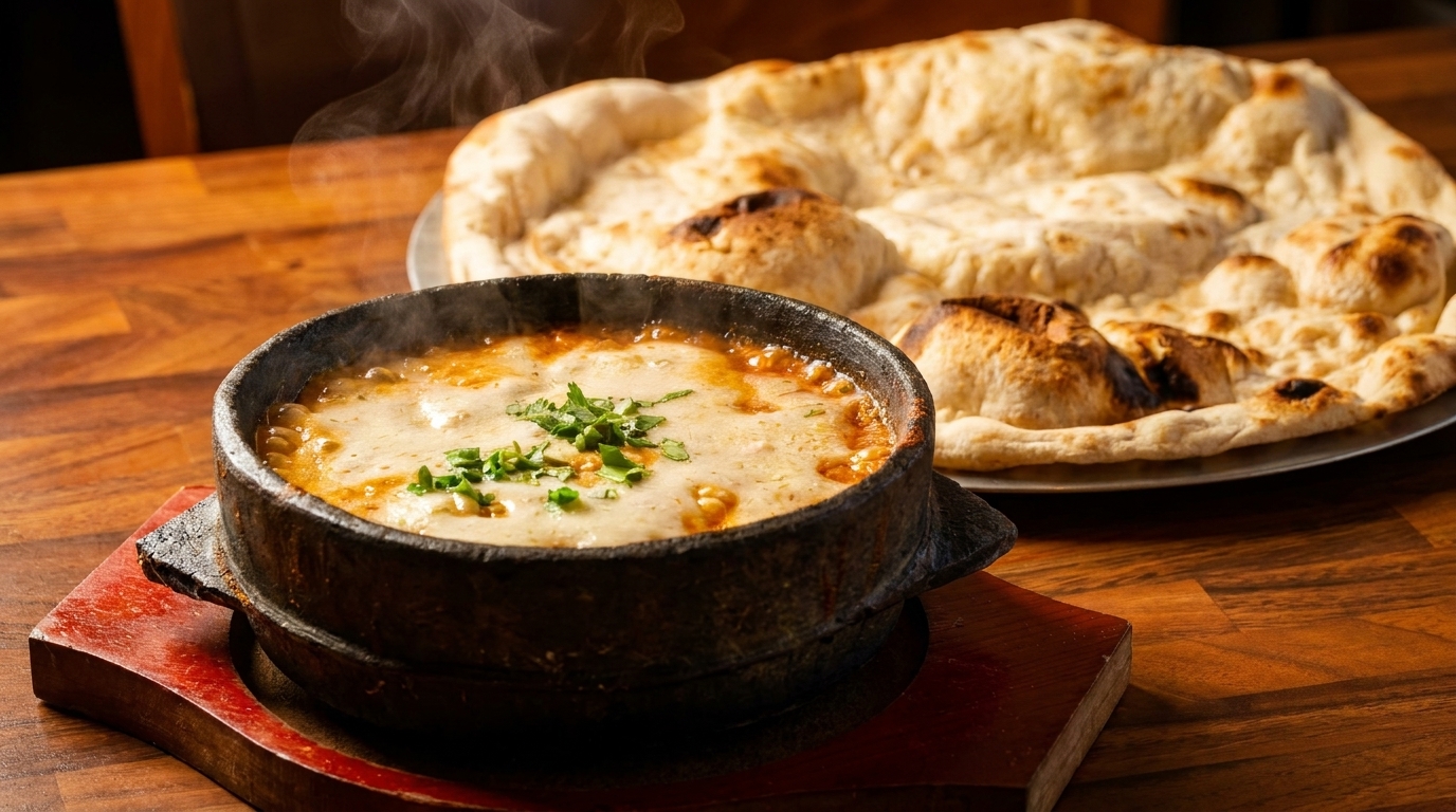 Steaming hot stew with melted cheese and herbs in a dark bowl, with flatbread on a wooden table.