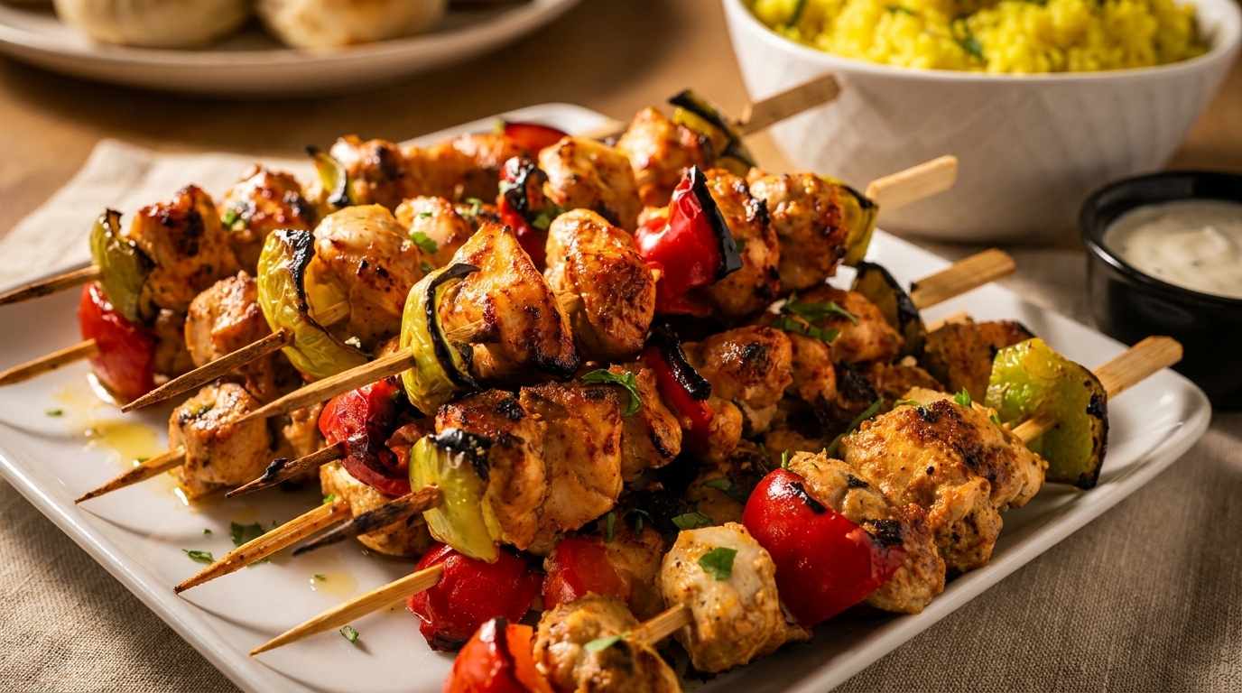 Grilled chicken and vegetable skewers on a white platter, with rice and sauce in the background.
