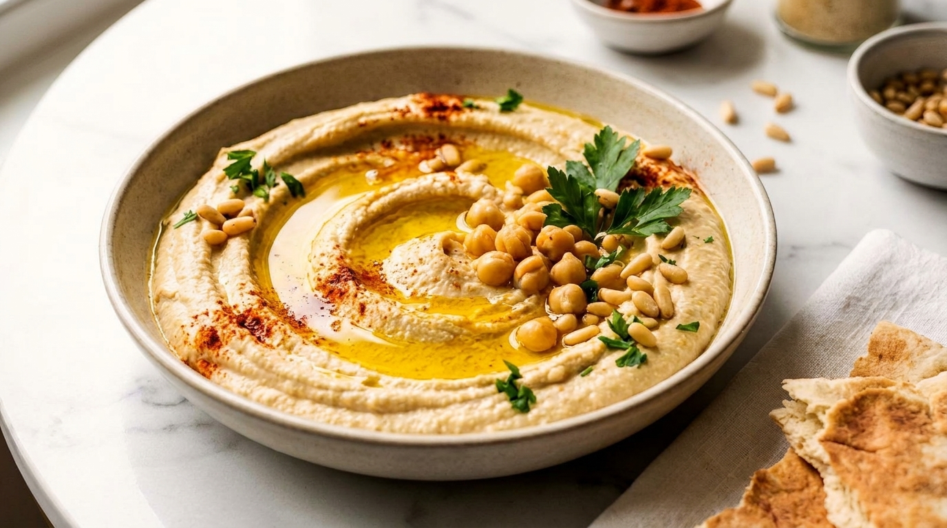 Creamy hummus drizzled with olive oil, topped with chickpeas, pine nuts, and parsley, served with pita bread.