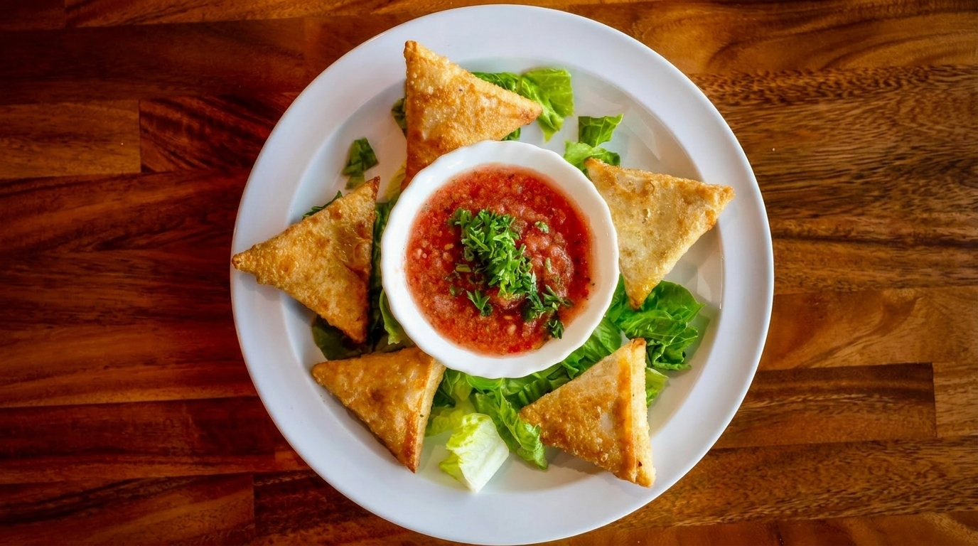 Golden fried triangular pastries with a bowl of red salsa and fresh green lettuce on a white plate.