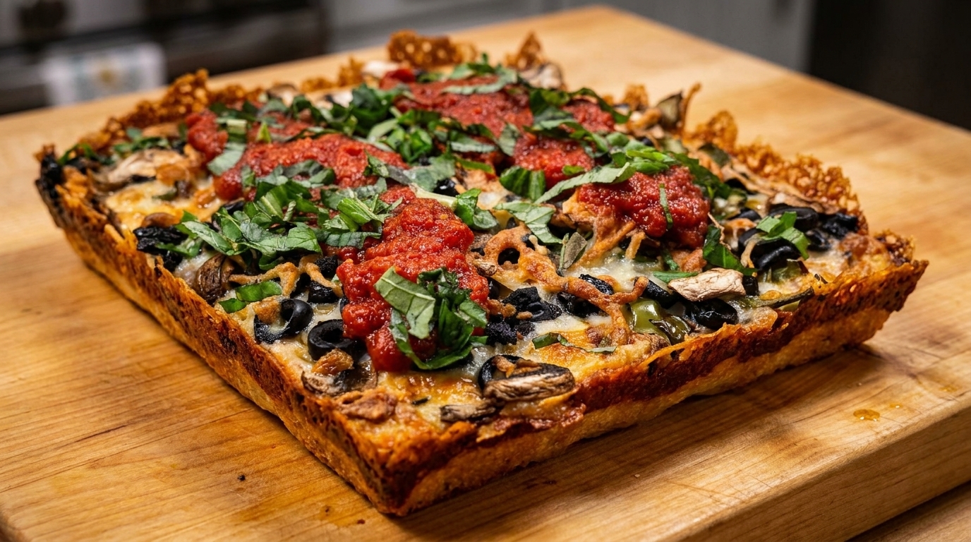 A rectangular Detroit-style pizza with tomato sauce, basil, olives, and mushrooms on a wooden board.