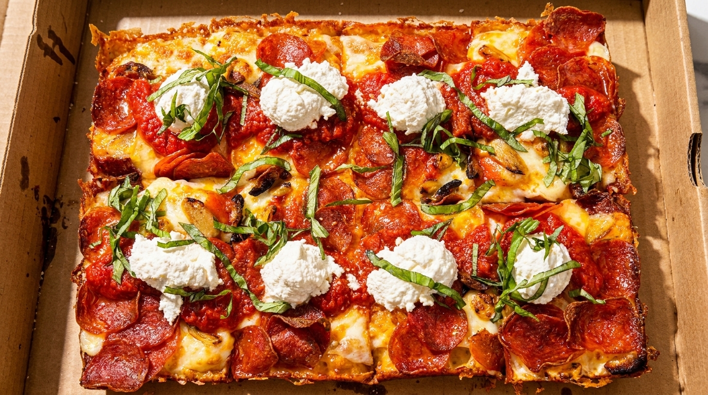 Rectangular Detroit-style pizza with pepperoni, tomato sauce, ricotta cheese, and fresh basil in a box.