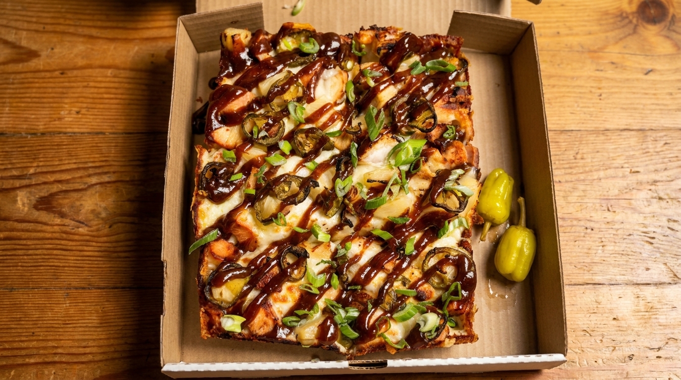 Square BBQ chicken pizza with jalapeños, green onions, and two yellow peppers in a box.