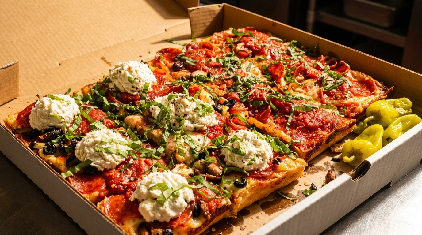 A rectangular pizza in a cardboard box, topped with pepperoni, ricotta, basil, and green peppers.