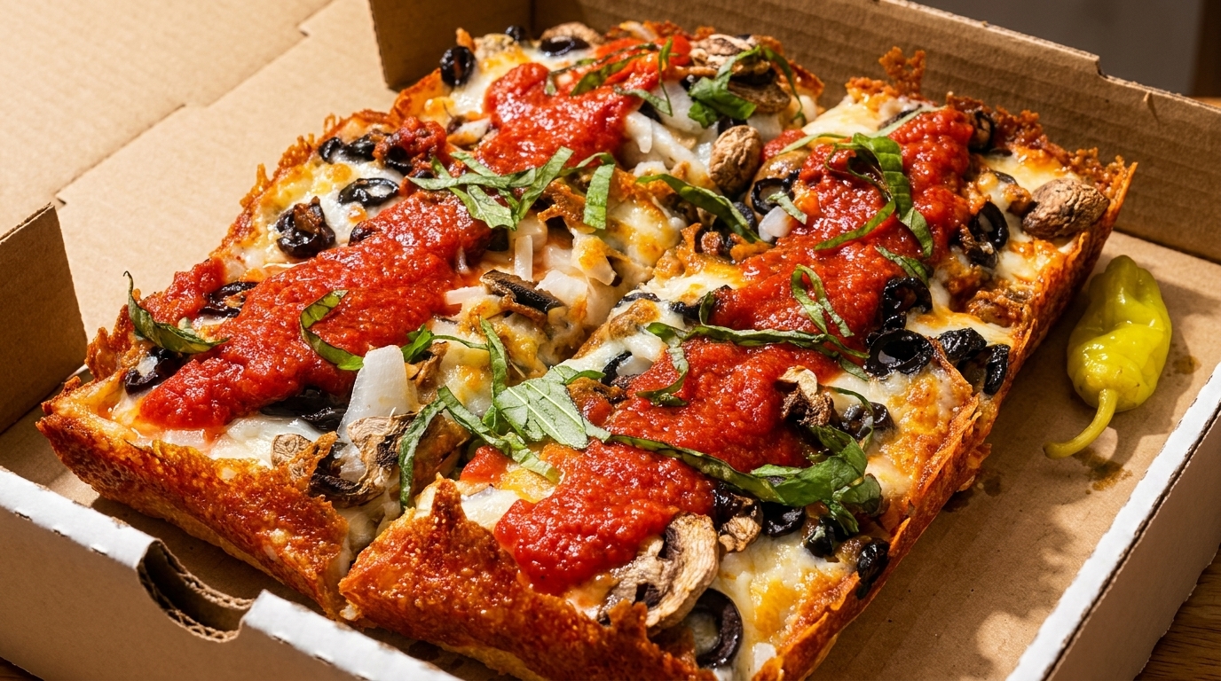 Square deep-dish pizza with red sauce, cheese, olives, mushrooms, and basil in a cardboard box.