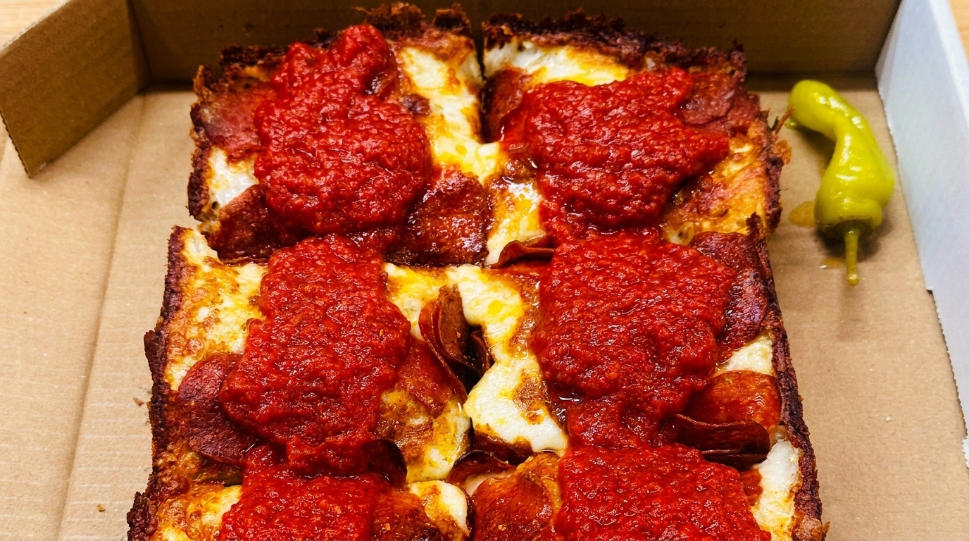 Four square slices of Detroit-style pizza with pepperoni, cheese, and red sauce, with a pepperoncini.