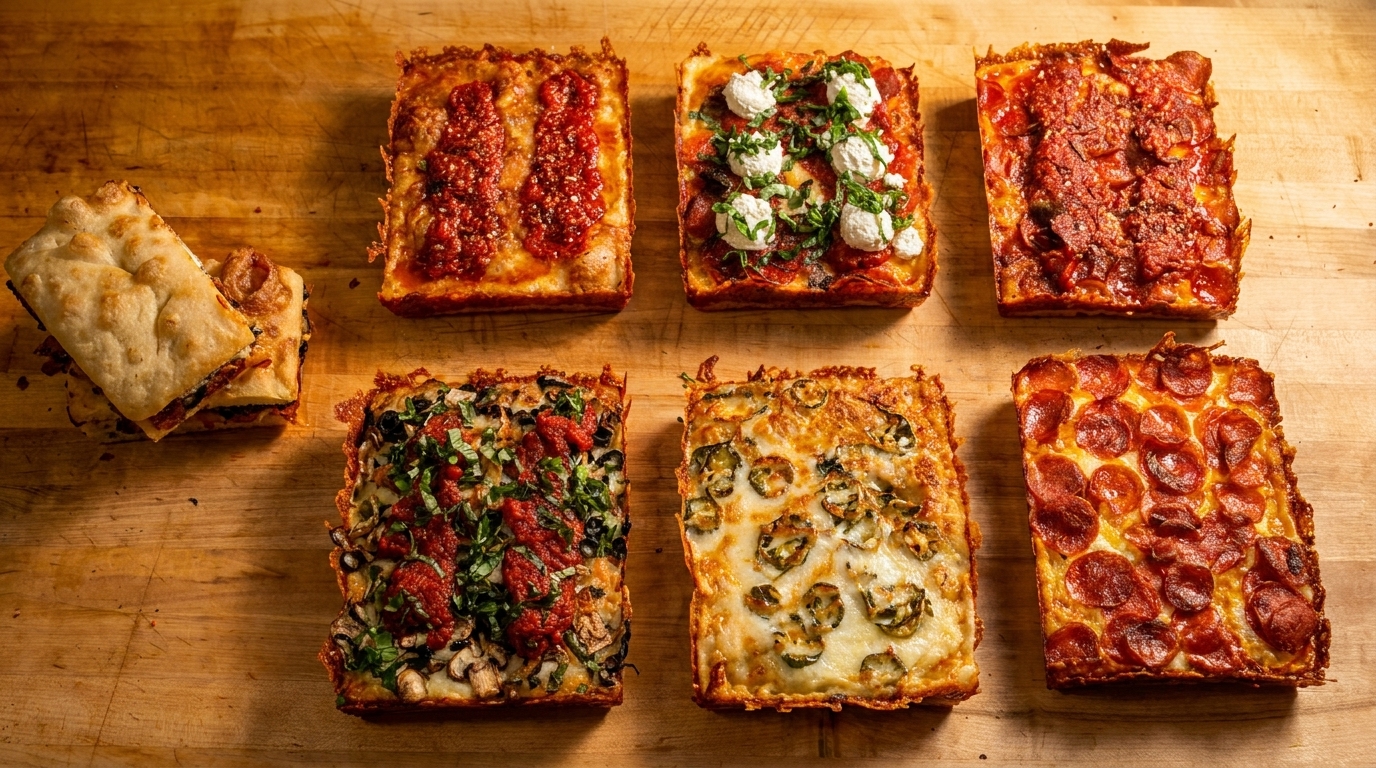 Six square Detroit-style pizzas with various toppings, including pepperoni, ricotta, and jalapeños, on a wooden surface.