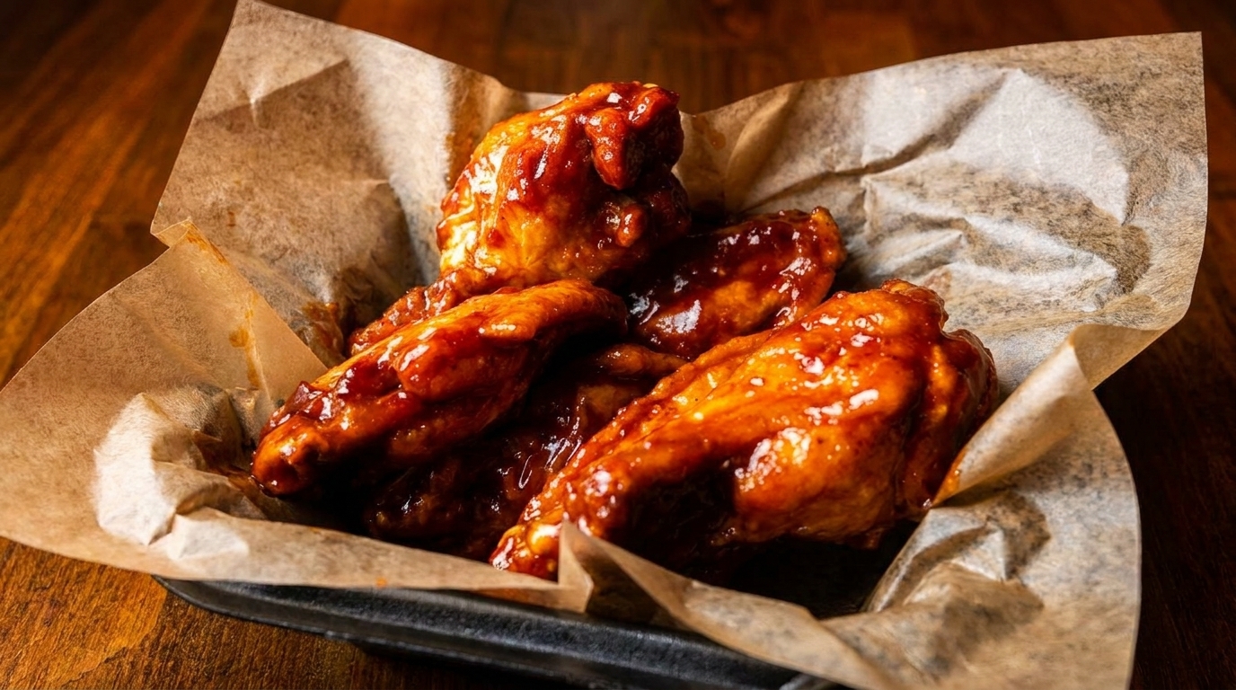Close-up of several glossy, sauced chicken wings served in a black tray lined with parchment paper.