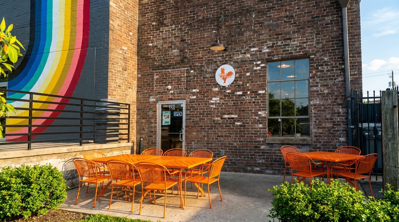 Outdoor patio with orange tables and chairs next to a brick building with a rainbow mural.