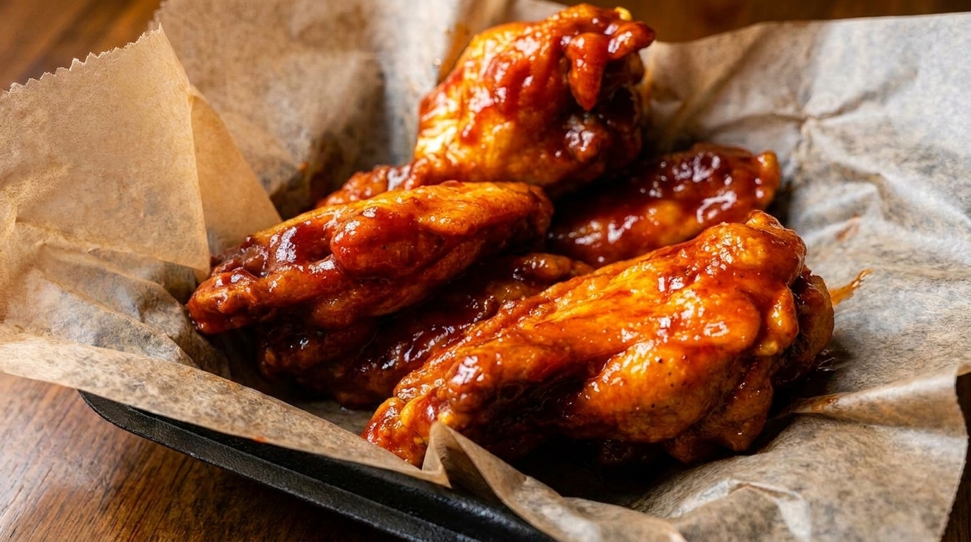 Close-up of several glossy, sauced chicken wings nestled in brown parchment paper.