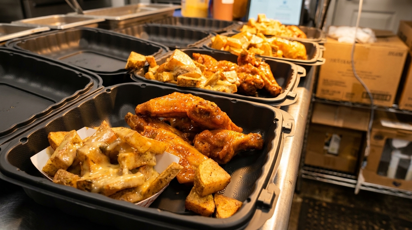 Multiple takeout containers filled with saucy chicken wings and cheesy potato wedges in a kitchen.