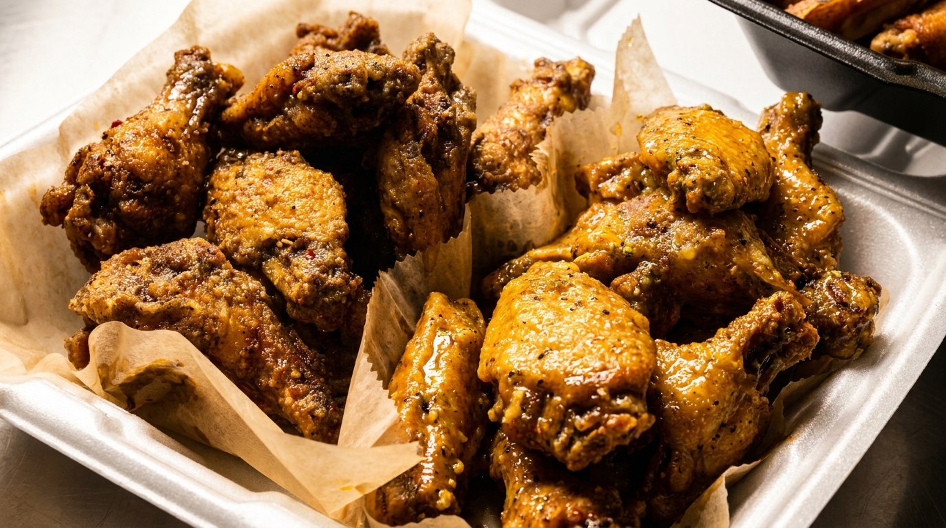Close-up of crispy, golden-brown chicken wings with visible seasoning, served in a white takeout container.