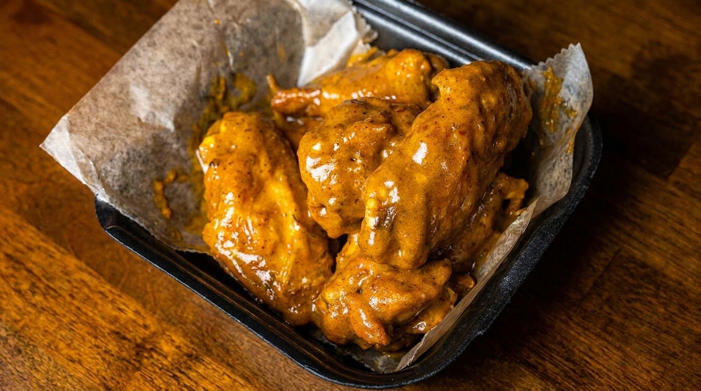 Close-up of several golden-brown chicken wings coated in a rich, creamy sauce, served in a black container.
