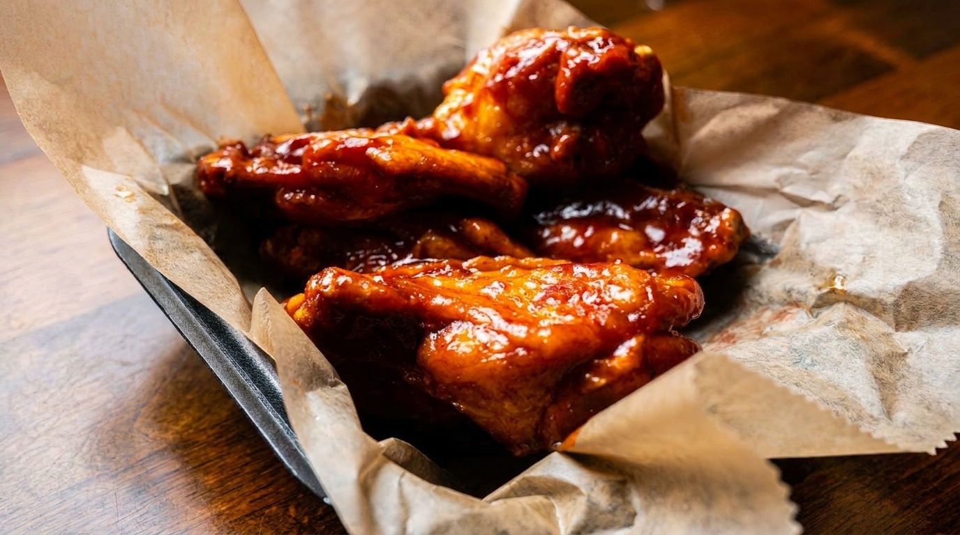 Close-up of several glossy, saucy chicken wings in a black container lined with brown parchment paper.