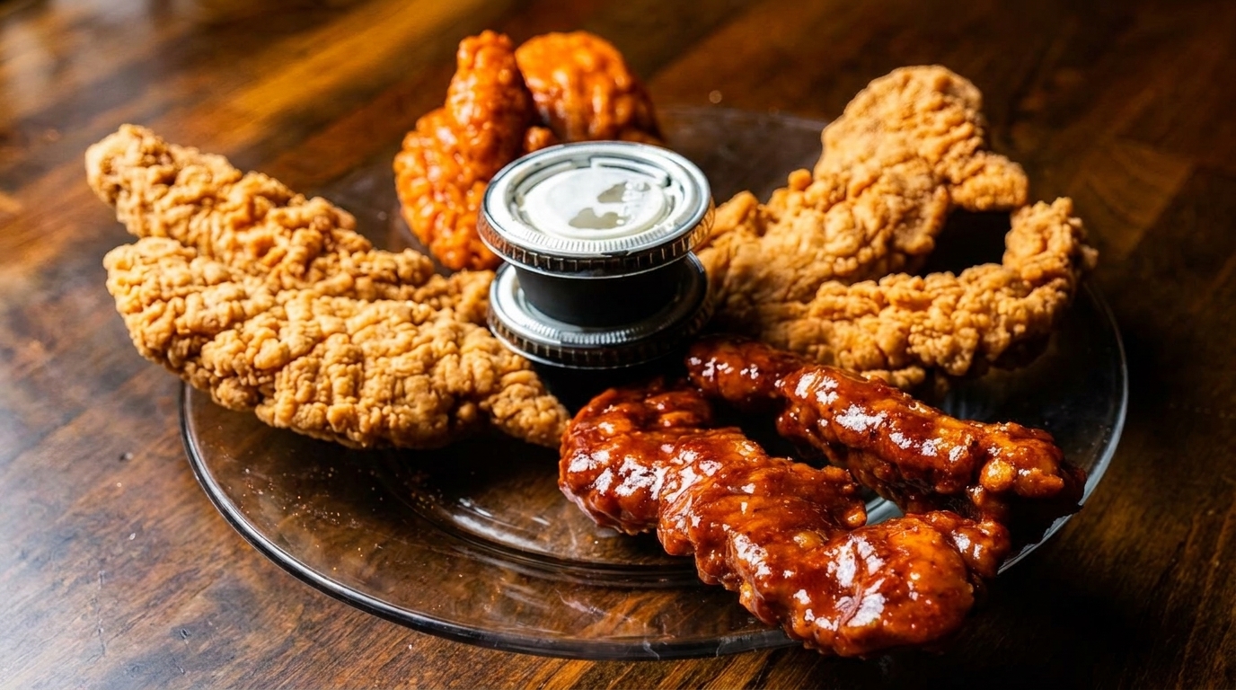 A plate of crispy fried chicken tenders, some plain and some coated in a red sauce, with dipping sauce.