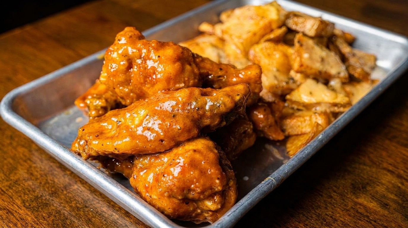 A metal tray holds saucy chicken wings and crispy potato wedges on a wooden table.