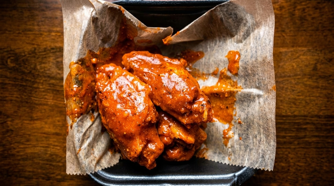 Spicy orange chicken wings in a black container lined with parchment paper on a wooden table.
