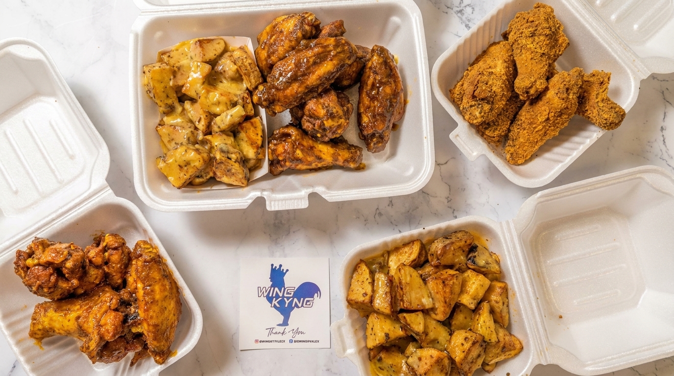 Four Wing Kyng takeout containers with various chicken wings and potato sides on a marble surface.