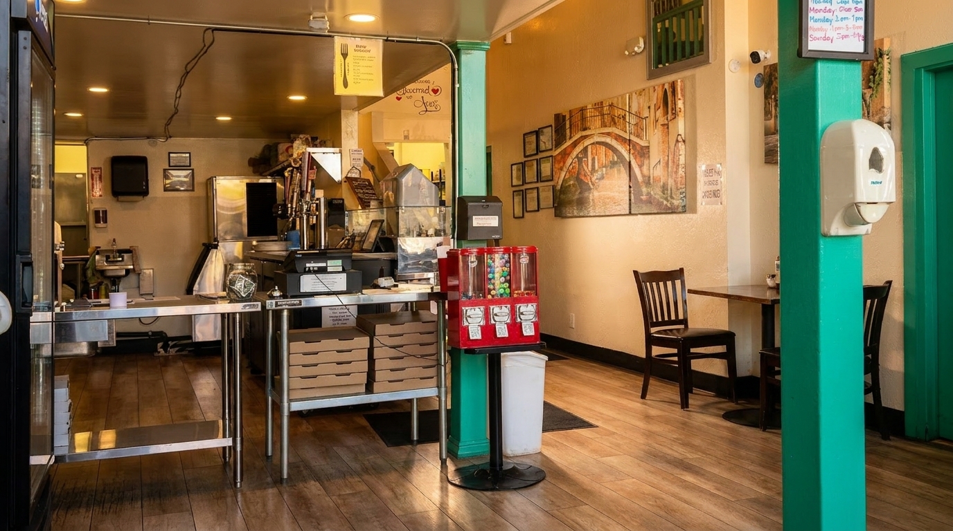 Interior view of a restaurant with a service counter, gumball machine, and dining tables.