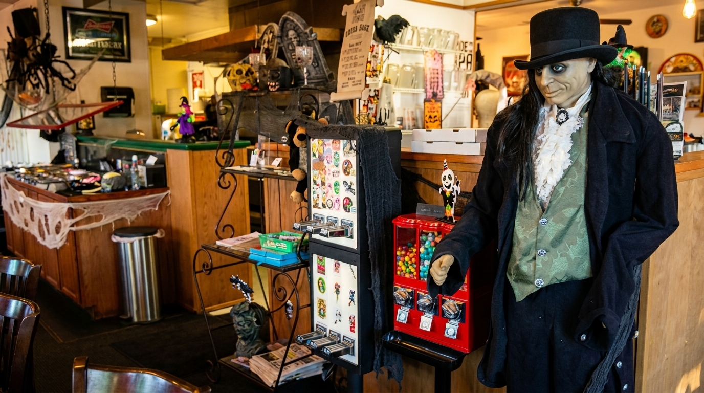 Restaurant interior decorated for Halloween with a vampire mannequin, spiderwebs, and spooky props.