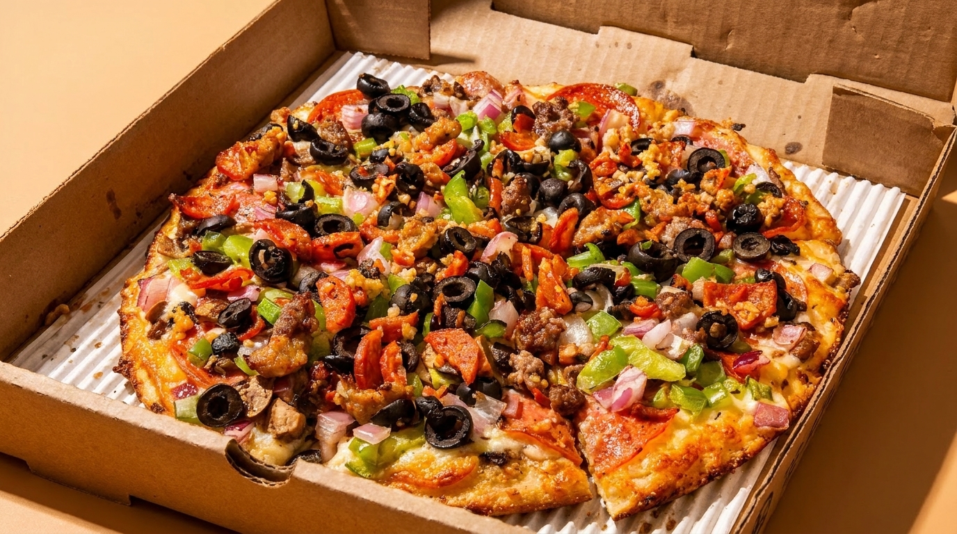 A whole pizza with various toppings, including pepperoni, olives, and peppers, in a cardboard box.