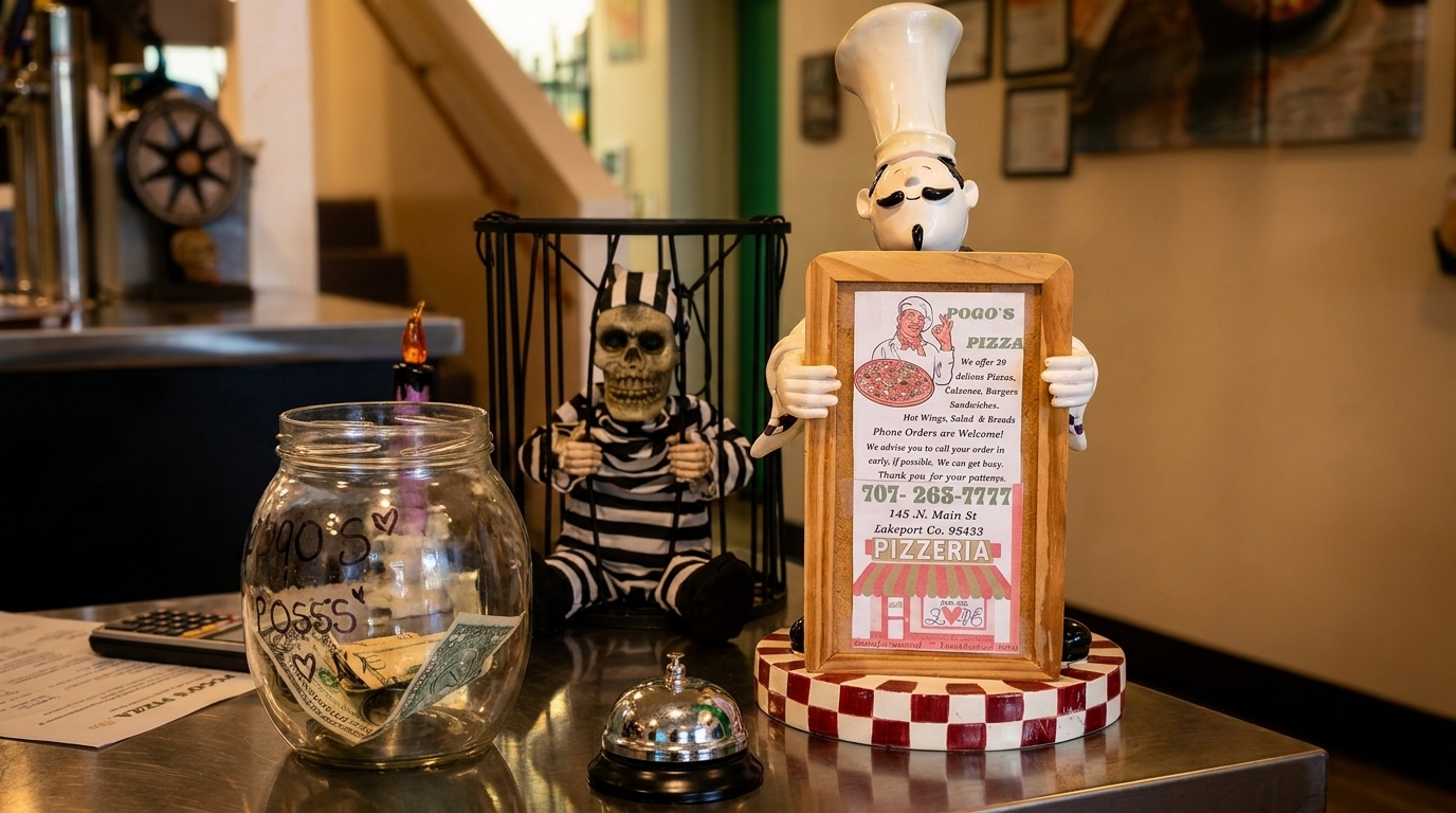 Pogo's Pizza counter with a chef figurine holding a menu, a skeleton, and a tip jar.