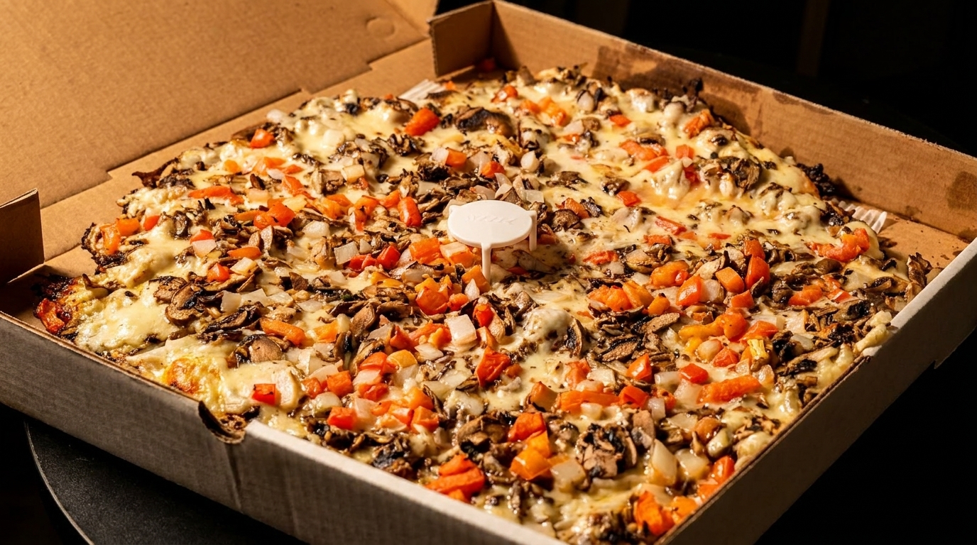Square pizza with mushrooms, onions, and red peppers in a cardboard delivery box.