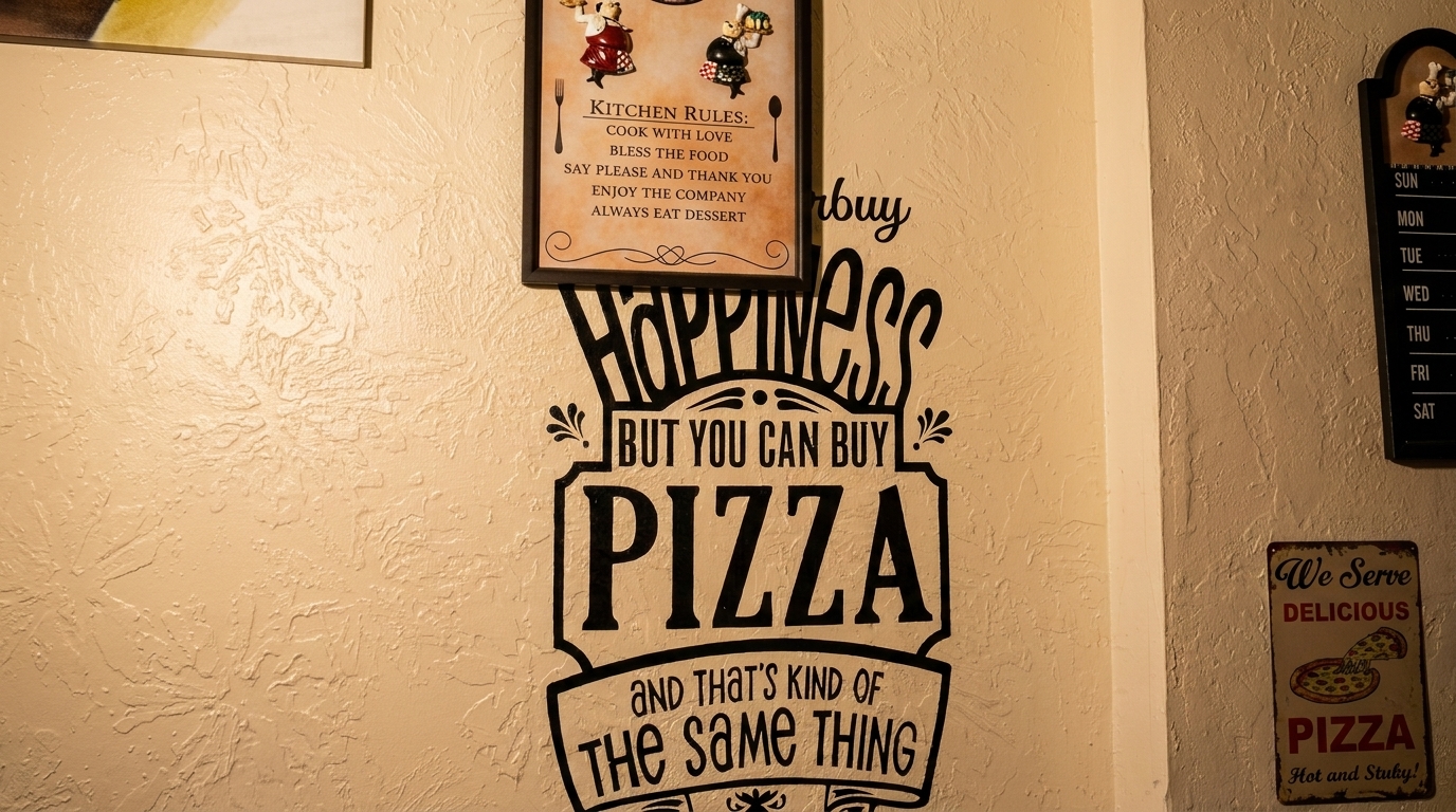 Wall decor with "Kitchen Rules" and "Happiness but you can buy Pizza" signs, plus a small pizza sign.