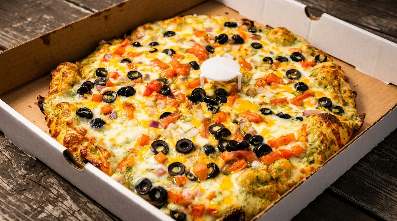 Square pizza with black olives, tomatoes, and onions in a cardboard delivery box.