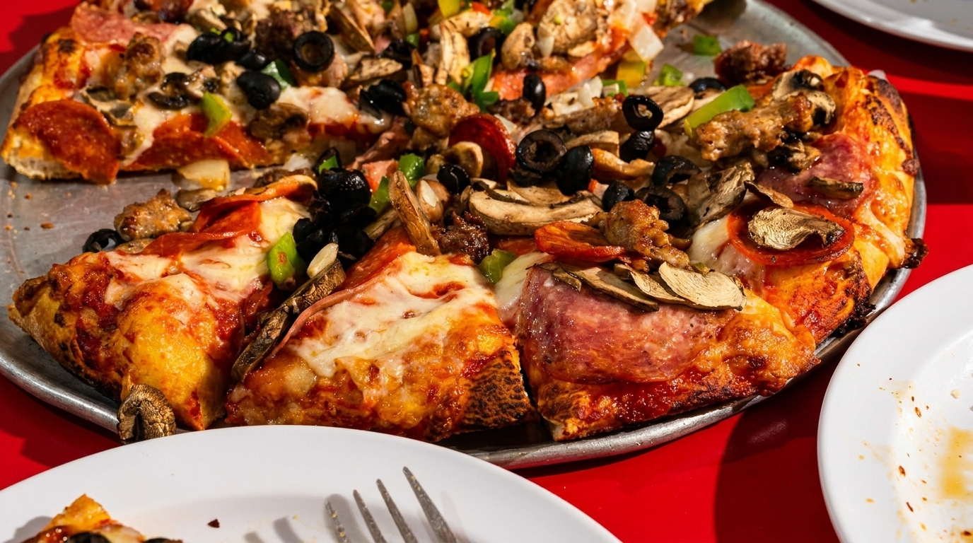 Close-up of a partially eaten deep-dish pizza with various toppings on a metal pan.