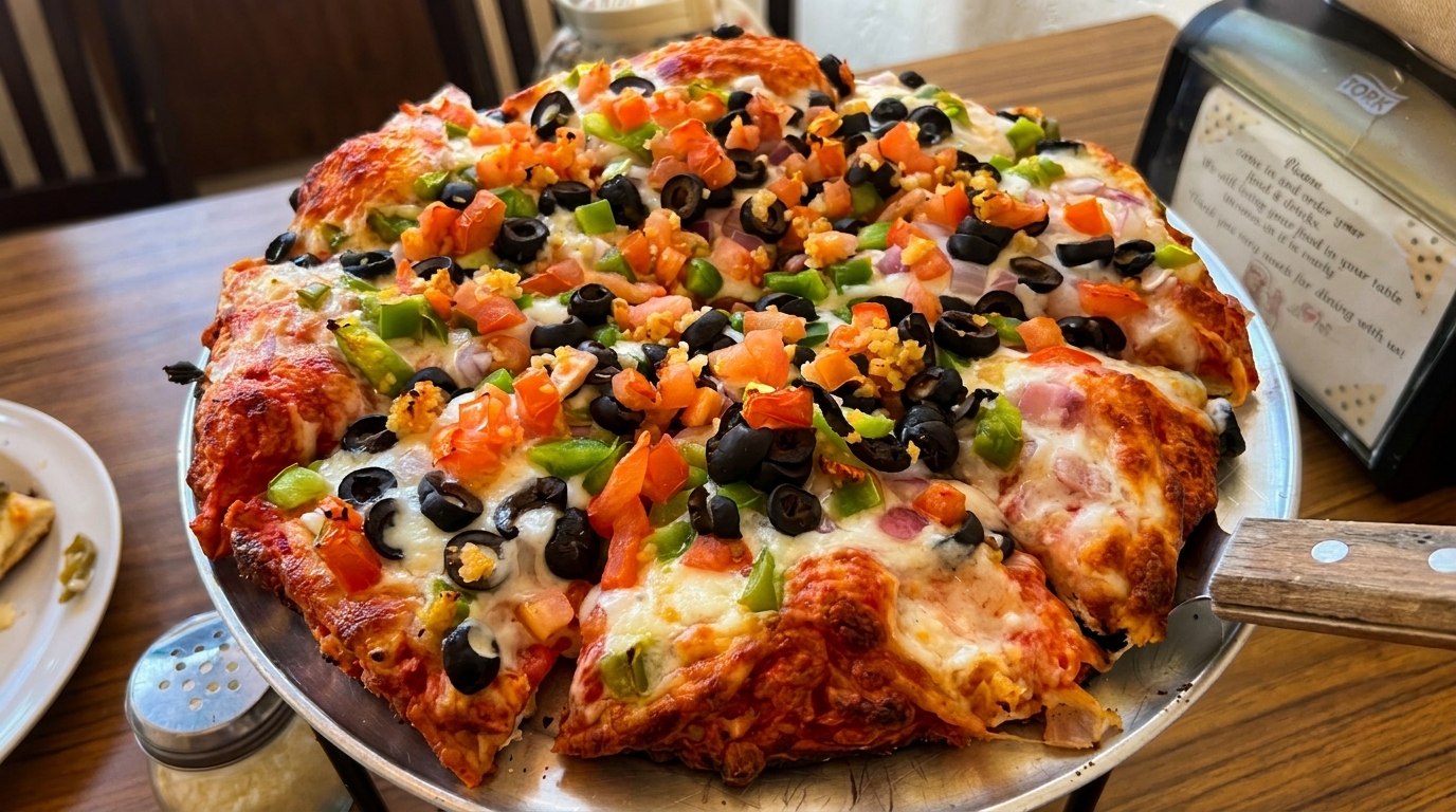 A freshly baked pizza, loaded with black olives, diced tomatoes, green peppers, and onions.
