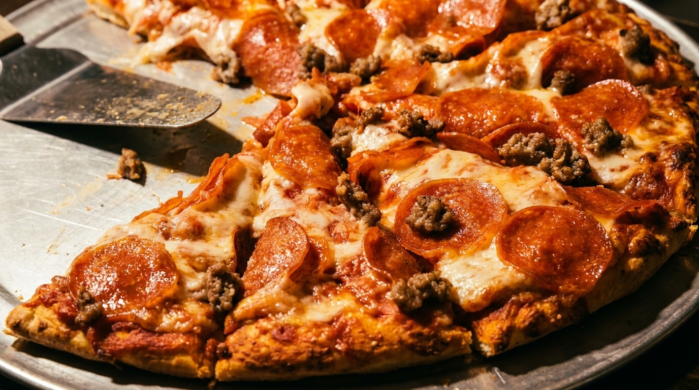 A partially eaten pepperoni and sausage pizza on a metal tray with a serving spatula.