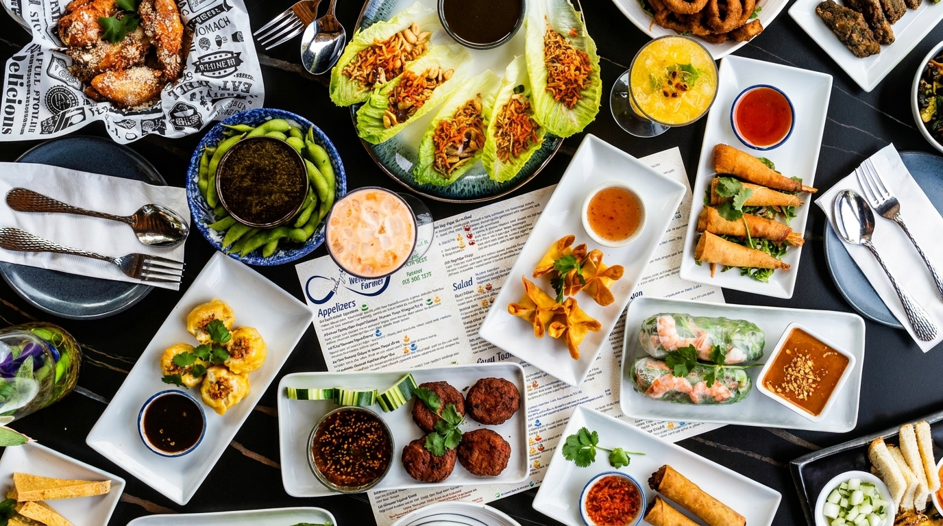 An overhead shot of a table laden with various Thai appetizers, drinks, and menus.