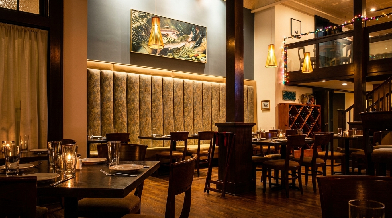 Warmly lit restaurant interior with dark wood tables, chairs, and a long upholstered banquette.