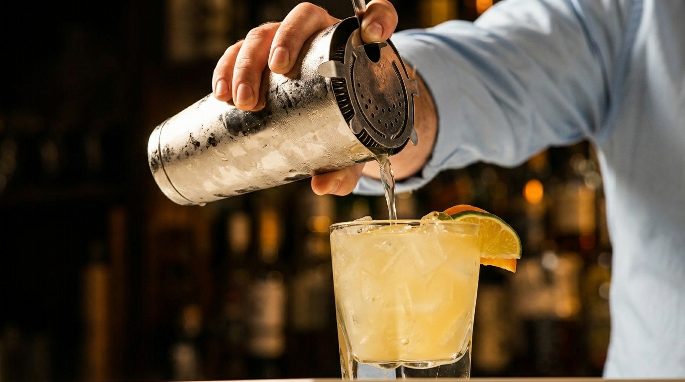 A bartender pours a light-colored cocktail from a shaker into a glass with ice and citrus.