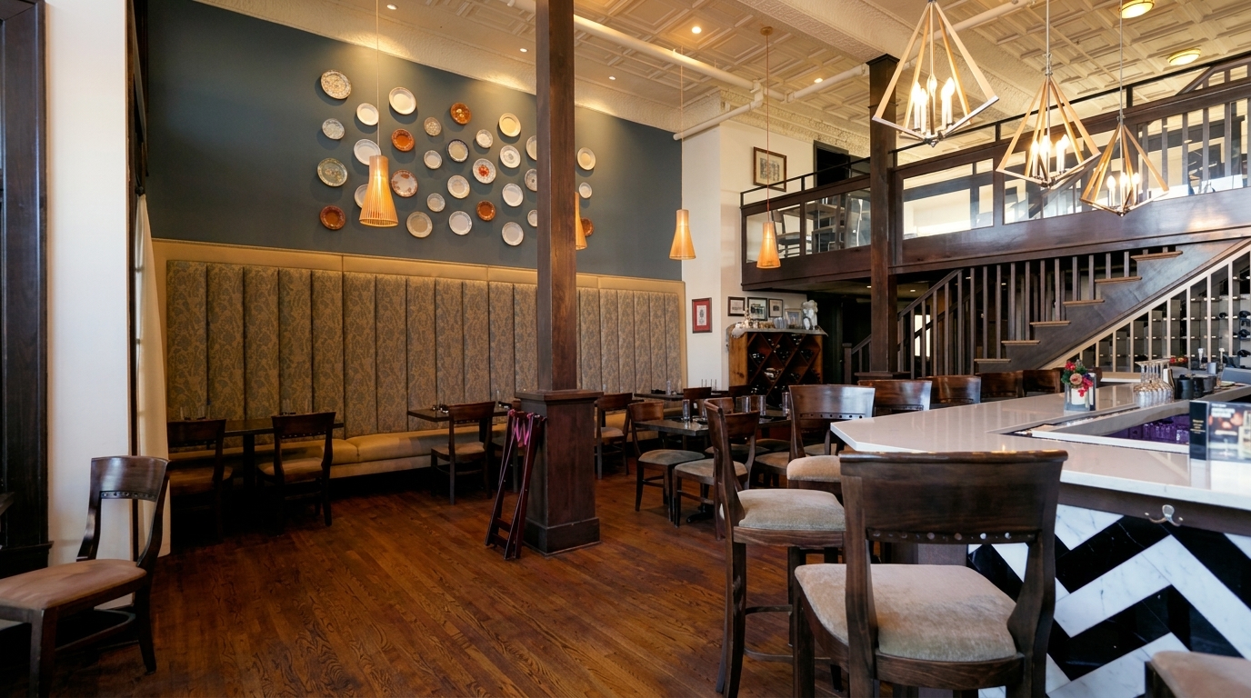 A restaurant interior with dark wood floors, a long banquette, and a bar with chevron-patterned front.